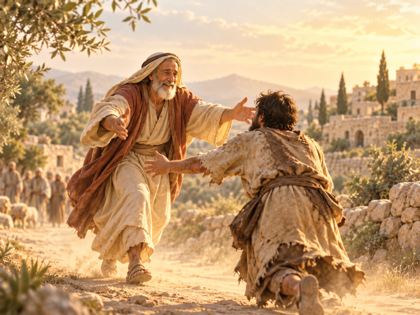 Why does the prodigal son's father run out to meet him?